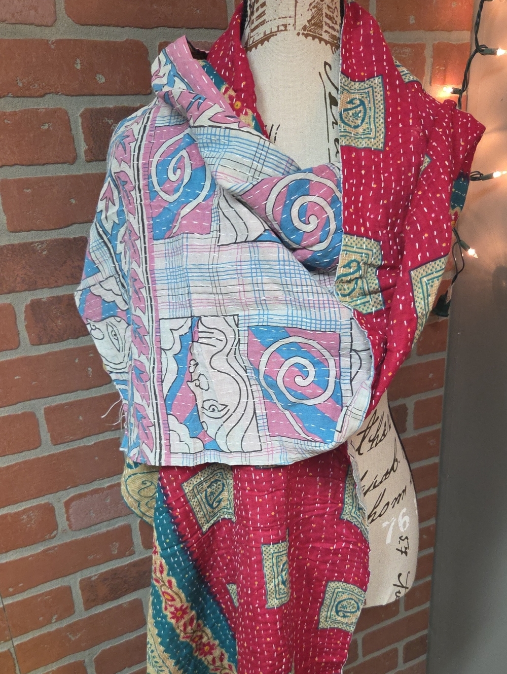 Colorful Kantha Scarf/Table Runner w/faces #199